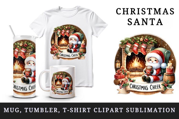 Watercolor cute Santa Claus hot cocoa fireplace Christmas Cheer quote print 20 oz tumbler skinny mug wrap clipart t-shirt sublimation printable design