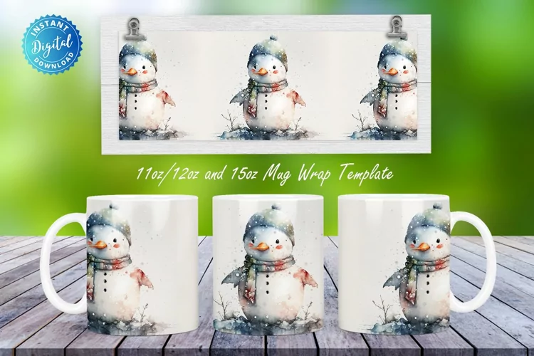 Watercolor Cute Snow Man 11, 12 & 15 Oz Mug Sublimation