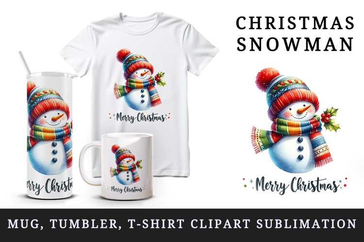 Watercolor cute snowman scarf hat Merry Christmas quote print 20 oz tumbler skinny mug wrap clipart t-shirt sublimation printable design