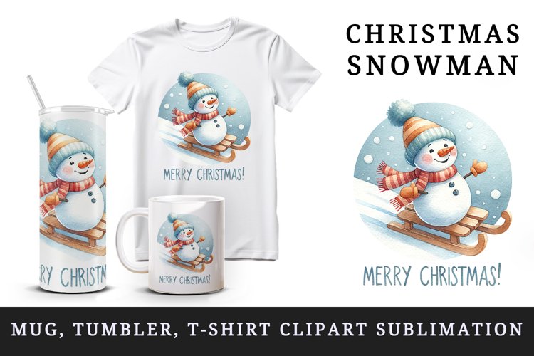 Watercolor cute snowman scarf hat sledding Merry Christmas quote print 20 oz tumbler skinny mug wrap clipart t-shirt sublimation printable design