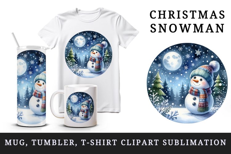Watercolor cute snowman scarf hat winter forest snowflakes night moon print 20 oz tumbler skinny mug wrap clipart t-shirt sublimation printable design