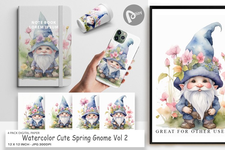 Digital Paper Watercolor Spring Gnome