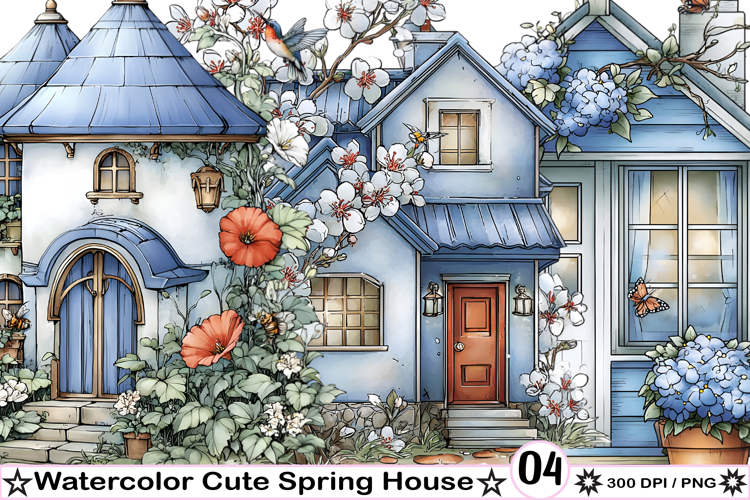Watercolor Cute Spring House Clipart