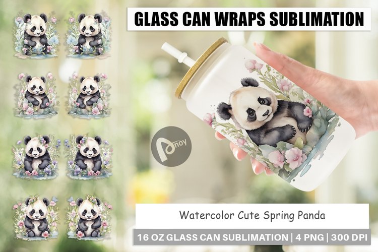 Glass Can Wraps Watercolor Spring Panda example image 1