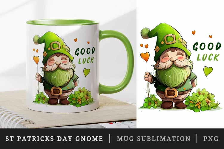 St Patricks Day Gnome mug, cup wrap sublimation design png