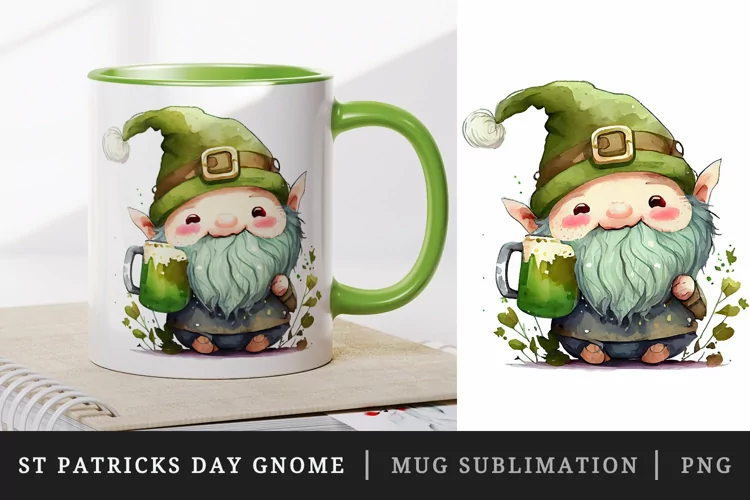 St Patricks Day Gnome mug, cup wrap sublimation design png