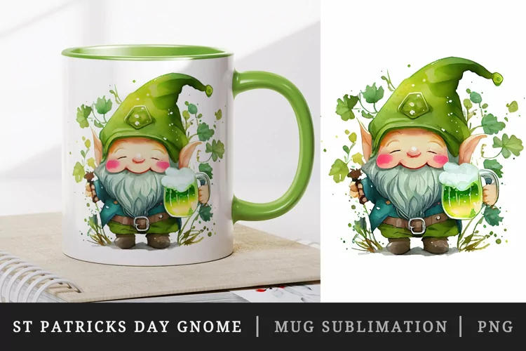 St Patricks Day Gnome mug, cup wrap sublimation design png