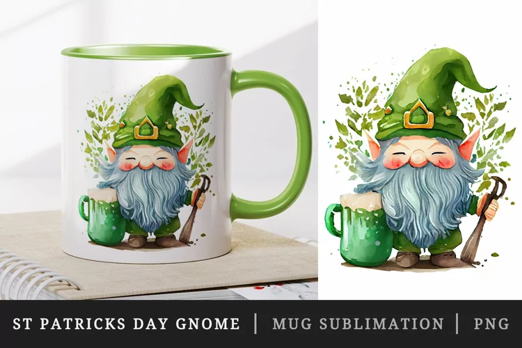 St Patricks Day Gnome mug, cup wrap sublimation design png