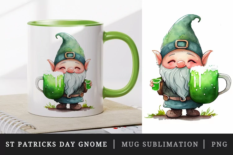 St Patricks Day Gnome mug, cup wrap sublimation design png