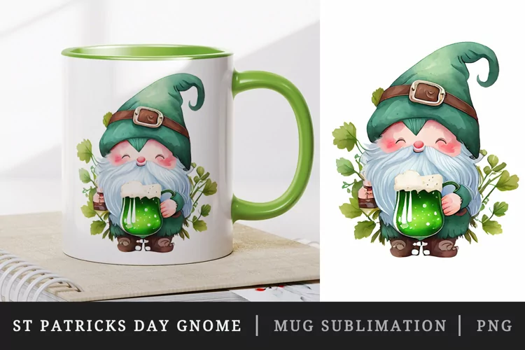 St Patricks Day Gnome mug, cup wrap sublimation design png