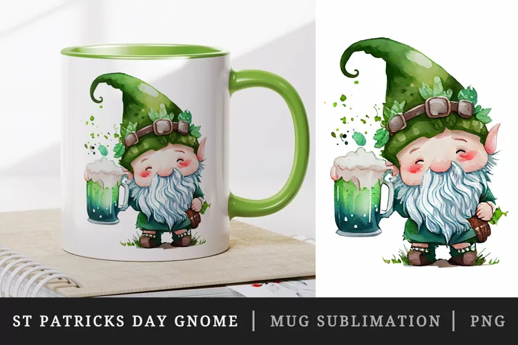 St Patricks Day Gnome mug, cup wrap sublimation design png