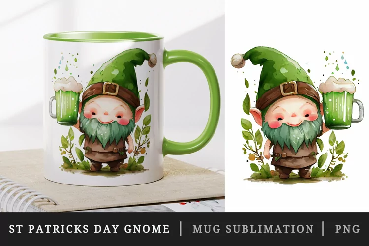 St Patricks Day Gnome mug, cup wrap sublimation design png
