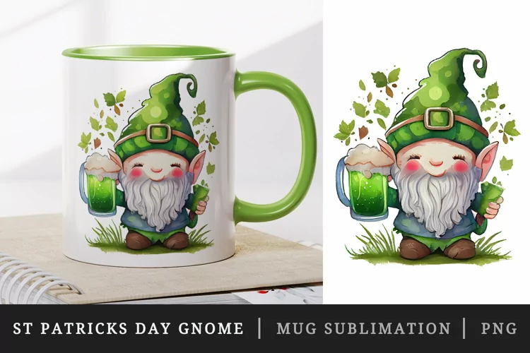 St Patricks Day Gnome mug, cup wrap sublimation design png