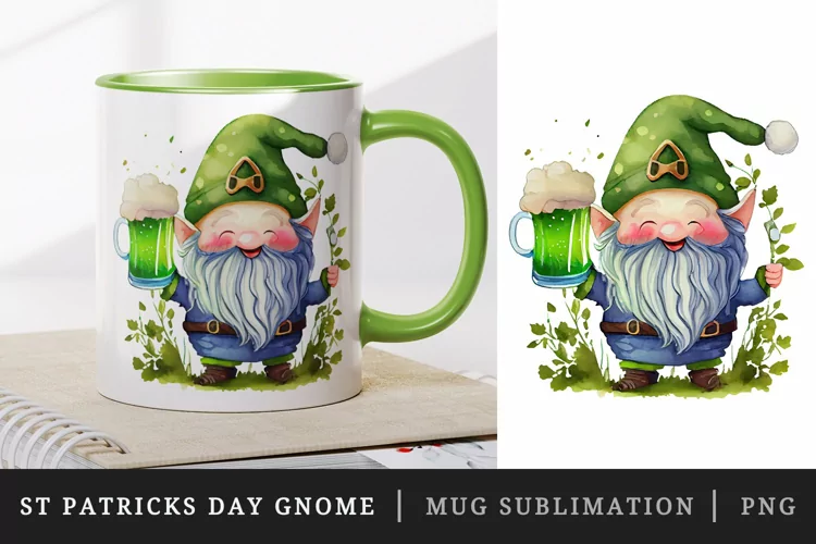 St Patricks Day Gnome mug, cup wrap sublimation design png