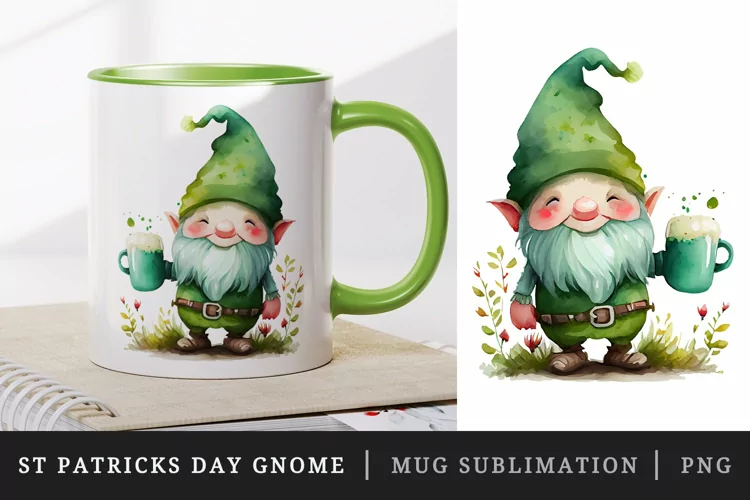 St Patricks Day Gnome mug, cup wrap sublimation design png