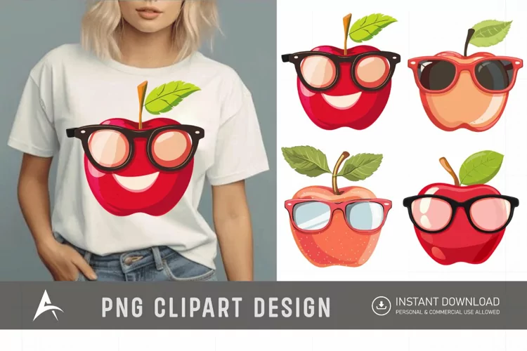 Watercolor Cute summer sunglass apple Clipart