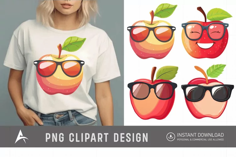 Watercolor Cute summer sunglass apple Clipart