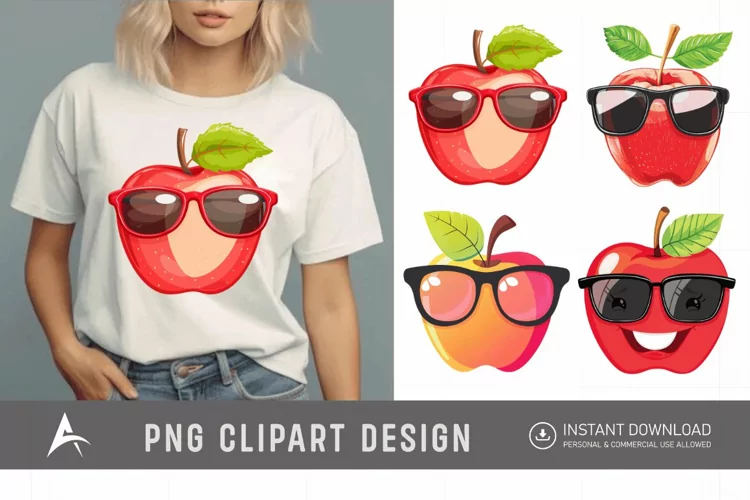 Watercolor Cute summer sunglass apple Clipart