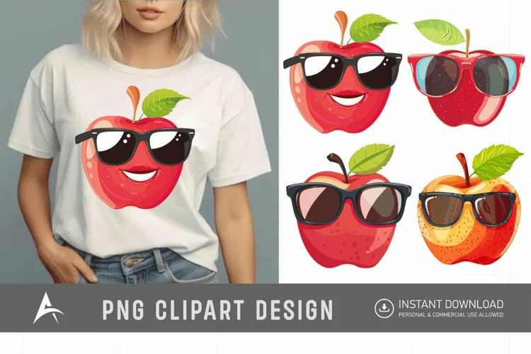 Watercolor Cute summer sunglass apple Clipart