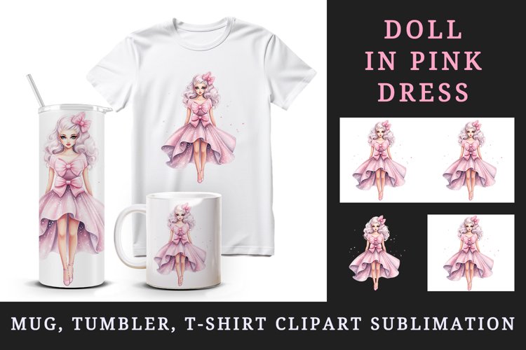 Watercolor cute sweet and charming doll girl sparkle pink dress and bow 20oz tumbler skinny mug wrap clipart t-shirt sublimation printable design