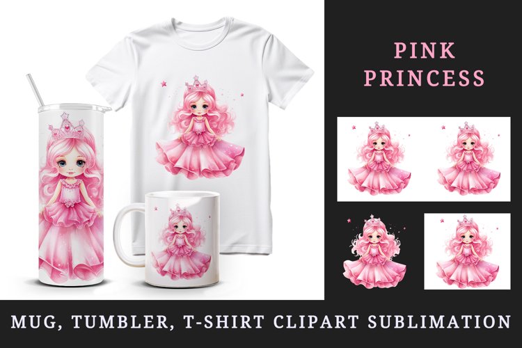 Watercolor cute sweet and charming princess girl with pink sparkle dress and crown 20 oz tumbler skinny mug wrap clipart t-shirt sublimation printable design