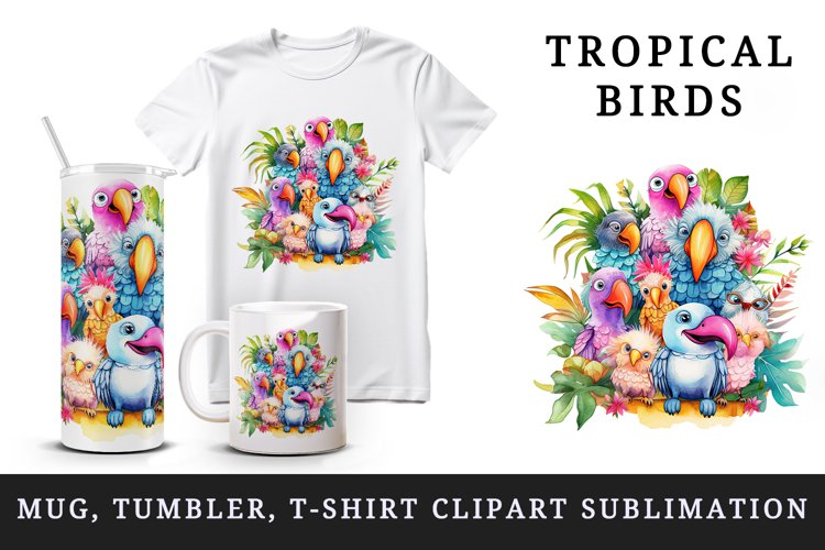 Watercolor cute tropical birds family summer vacation print 20 oz tumbler skinny mug wrap clipart t-shirt sublimation printable design