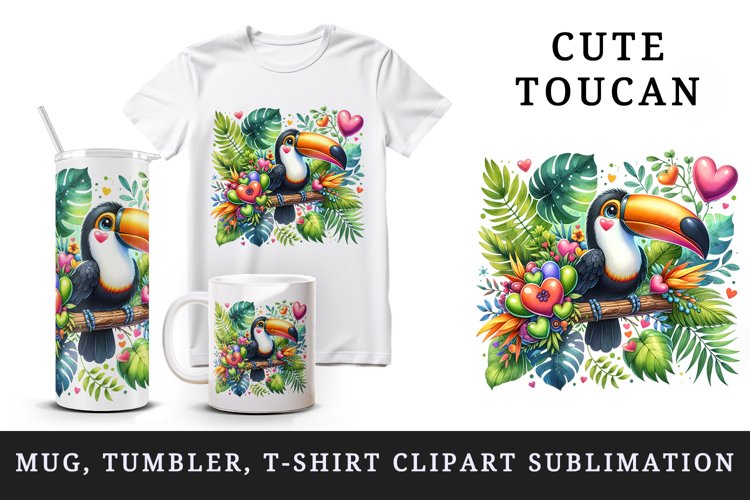 Watercolor cute tropical toucan on branch love heart Valentine Day print 20 oz tumbler skinny mug wrap clipart t-shirt sublimation printable design