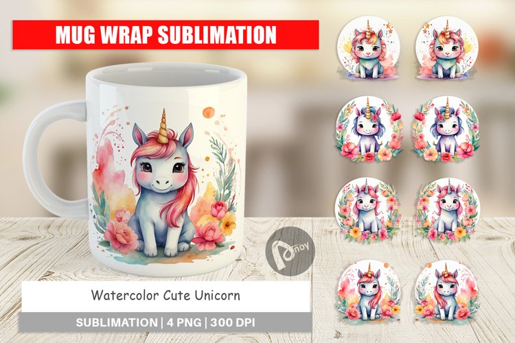 Mug Wrap Design Watercolor Cute Unicorn