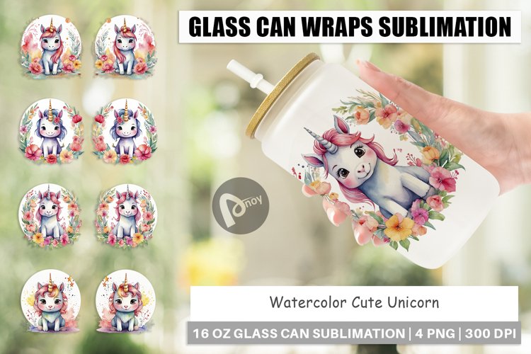 Glass Can Wraps Watercolor Cute Unicorn