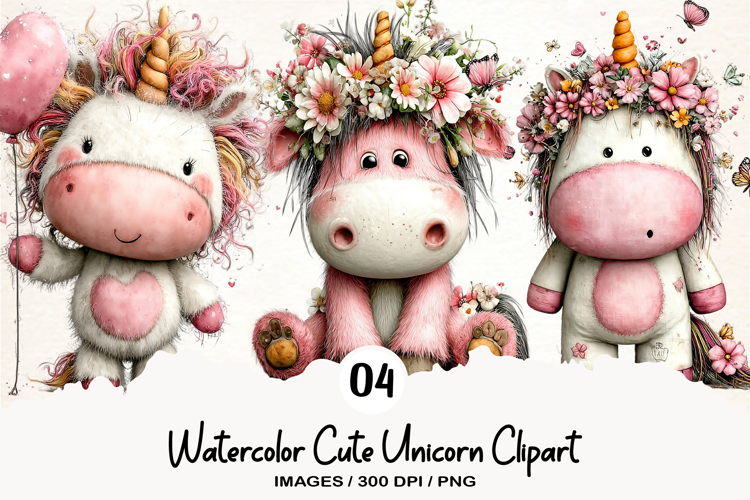 Watercolor Cute Unicorn Clipart