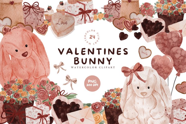 Watercolor Cute Valentines Bunny Clipart PNG illustrations