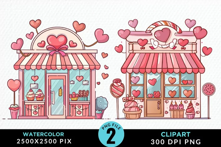 Watercolor Cute Valentines Candy Shop Clipart