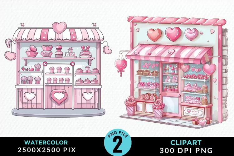 Watercolor Cute Valentines Candy Shop Clipart
