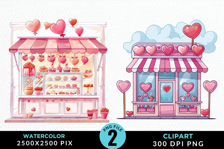 Watercolor Cute Valentines Candy Shop Clipart