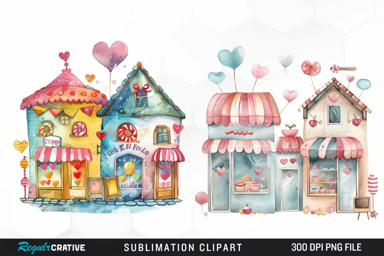 Watercolor Cute Valentines Candy Shop Clipart