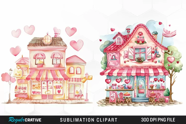Watercolor Cute Valentines Candy Shop Clipart