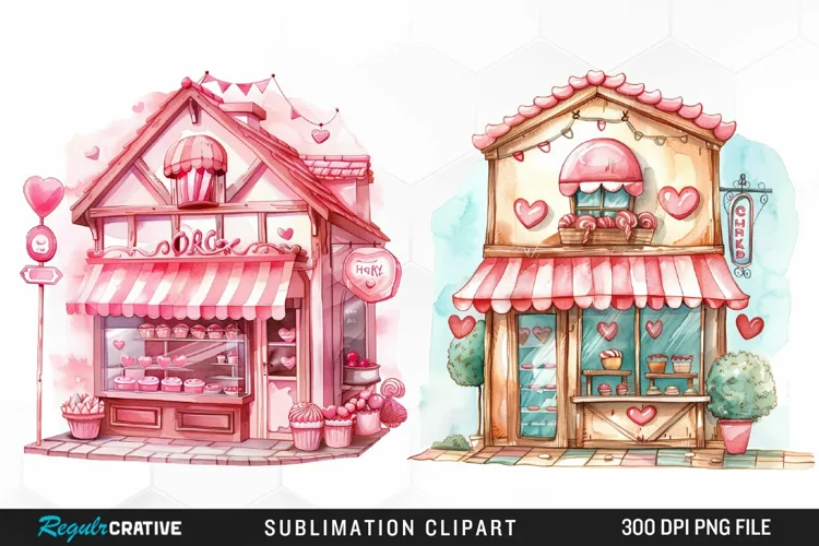 Watercolor Cute Valentines Candy Shop Clipart