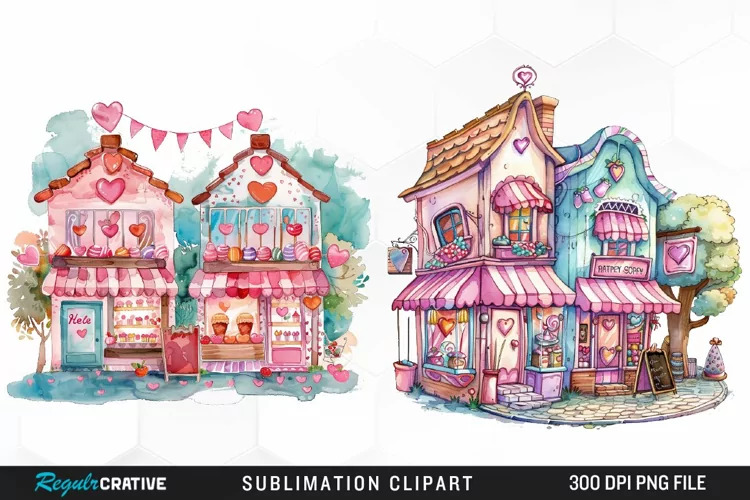 Watercolor Cute Valentines Candy Shop Clipart