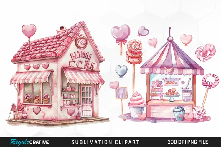 Watercolor Cute Valentines Candy Shop Clipart