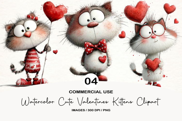 Watercolor Cute Valentines Kittens Clipart