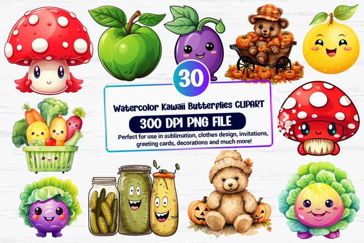 Watercolor Cute Veggies Clipart Bundle example image 1