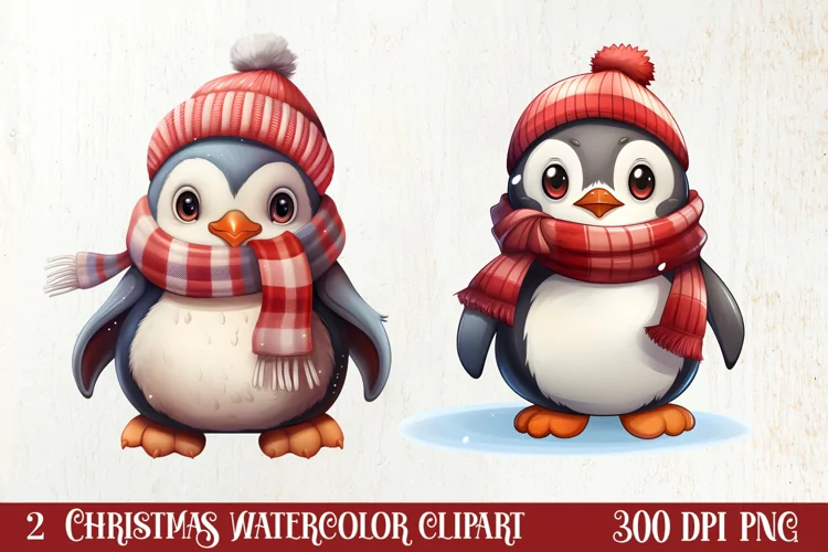 Watercolor Cute Winter Penguin Clipart, Christmas Clipart