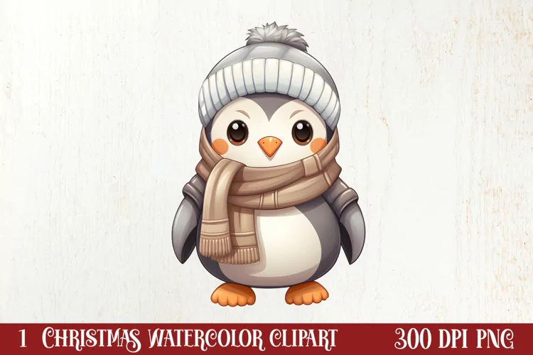 Watercolor Cute Winter Penguin Clipart, Christmas Clipart