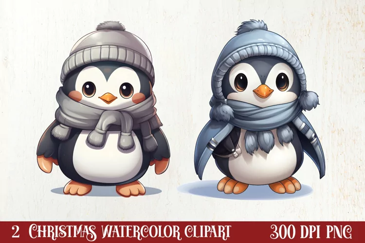 Watercolor Cute Winter Penguin Clipart, Christmas Clipart