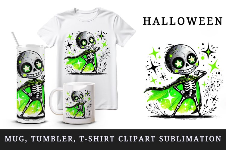 Watercolor cute zombie neon green cape superhero sparkles Halloween print 20 oz tumbler skinny mug wrap clipart t-shirt sublimation printable design