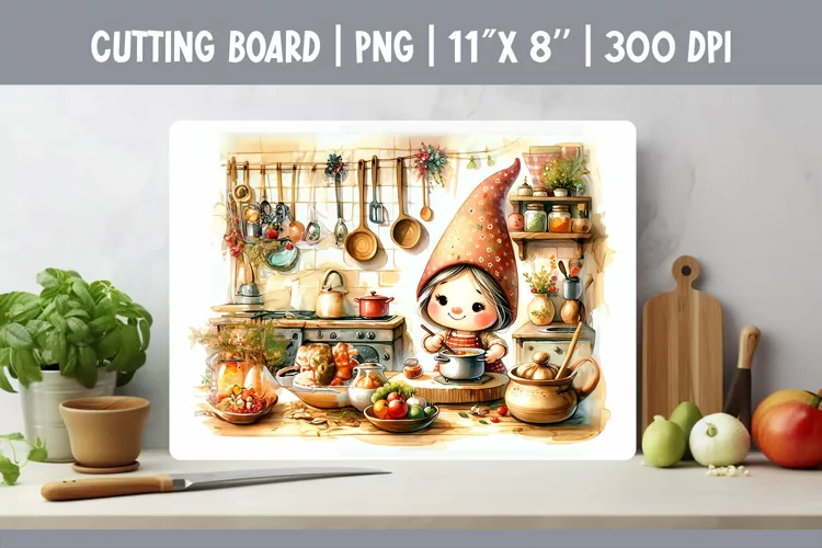 Watercolor Kitchen Cutting Board Sublimation Design | Gnomes