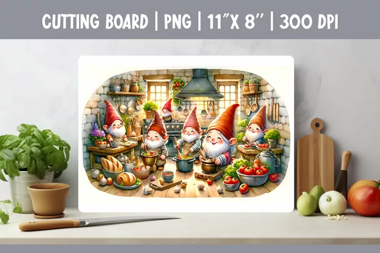 Watercolor Kitchen Cutting Board Sublimation Design | Gnomes