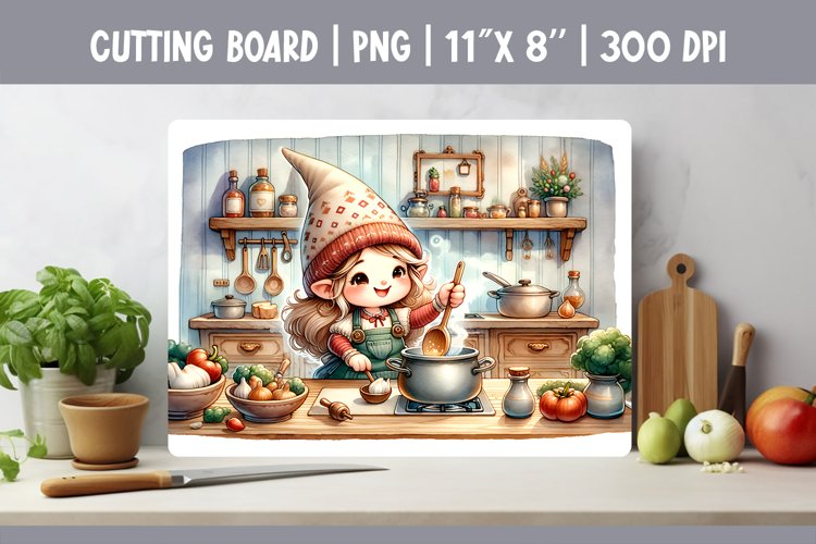 Kitchen Cutting Board Sublimation Design Cute Gnome Cooking