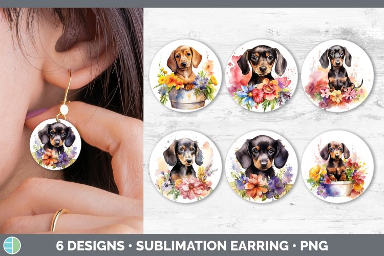 Bundle of six Wild Flowers Dachshunds Round Earrings designs.