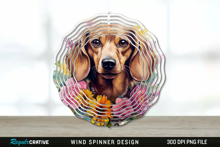 Watercolor Dachshund Dog Wind Spinner Sublimation PNG Design